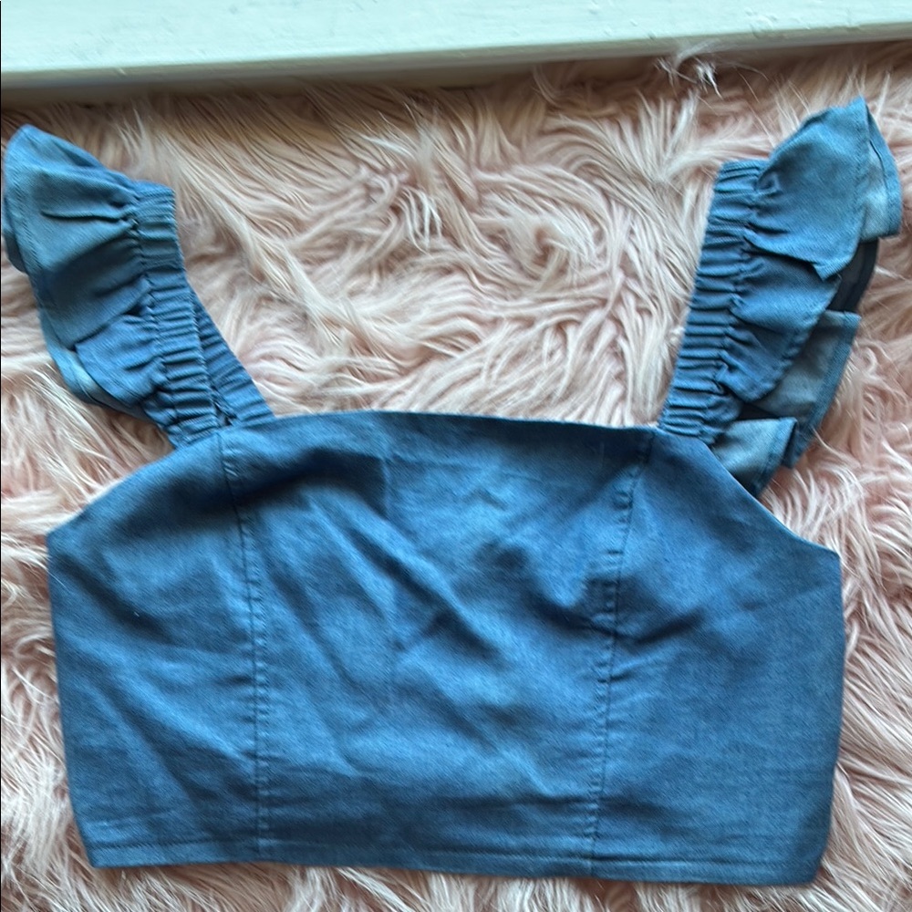 Blue Ruffle Strap Crop Top